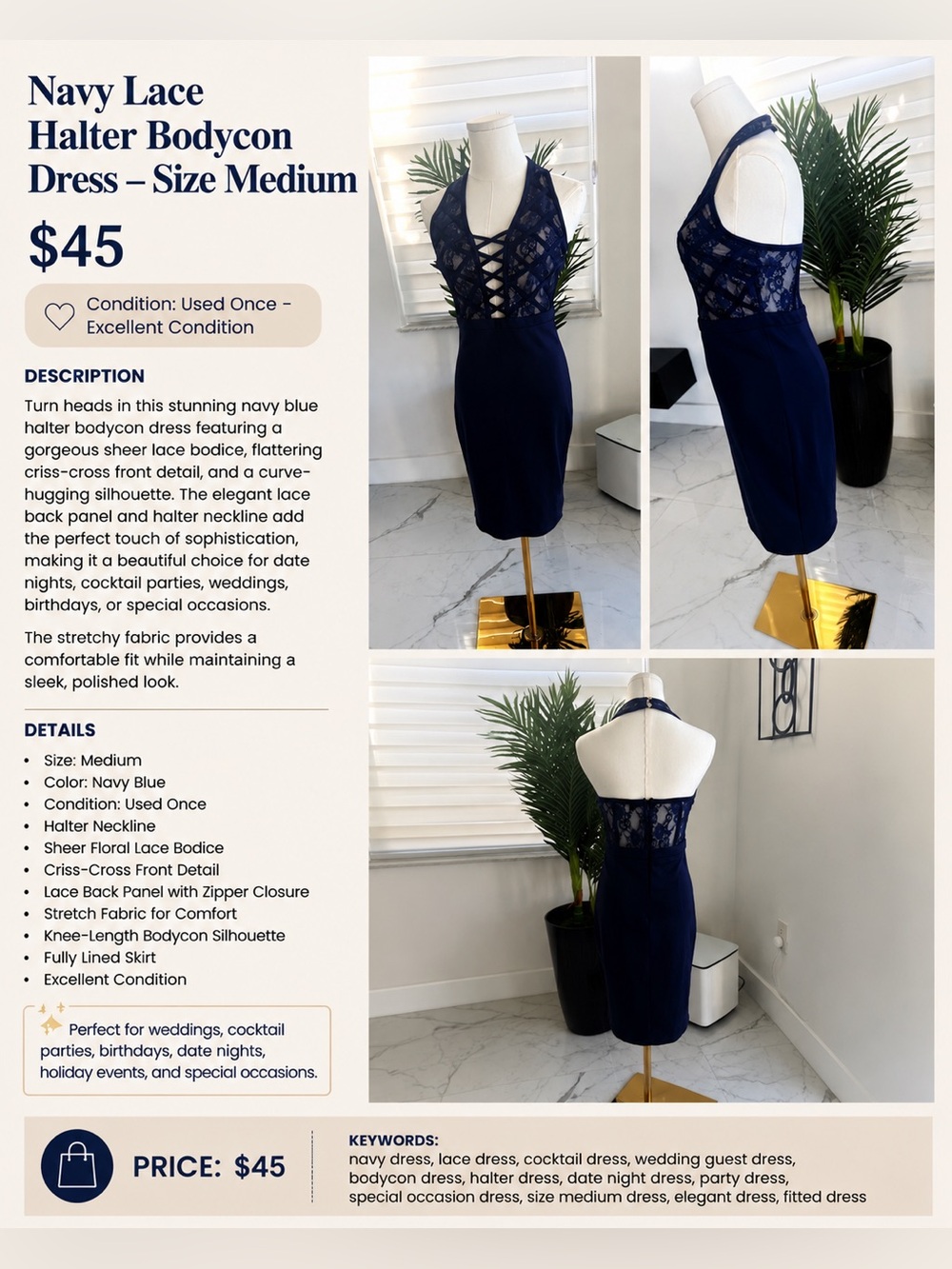 Navy Lace Halter Bodycon Dress - Backless Evening Dress